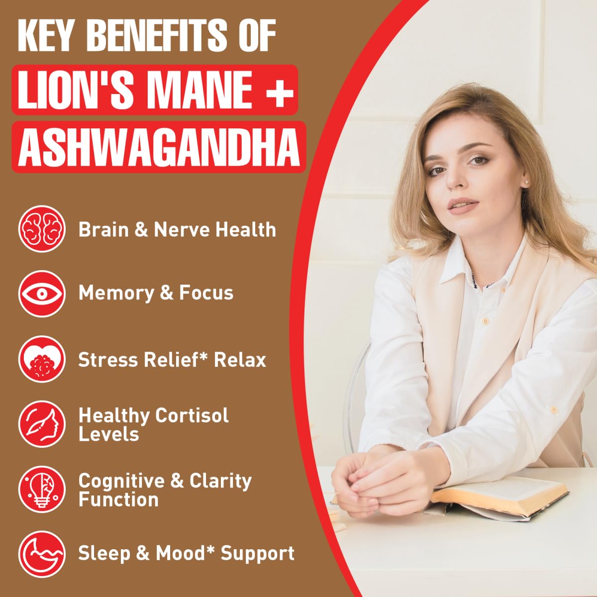 Ashwagandha & Lions Mane Supplements Capsules, Brain Supplements for Memory and Focus, Ashwagandha with Rhodiola Rosea for Cognitive, Immune Support, Cortisol Supplements for Women, 90 Capsules - Maple Wellness Supplements