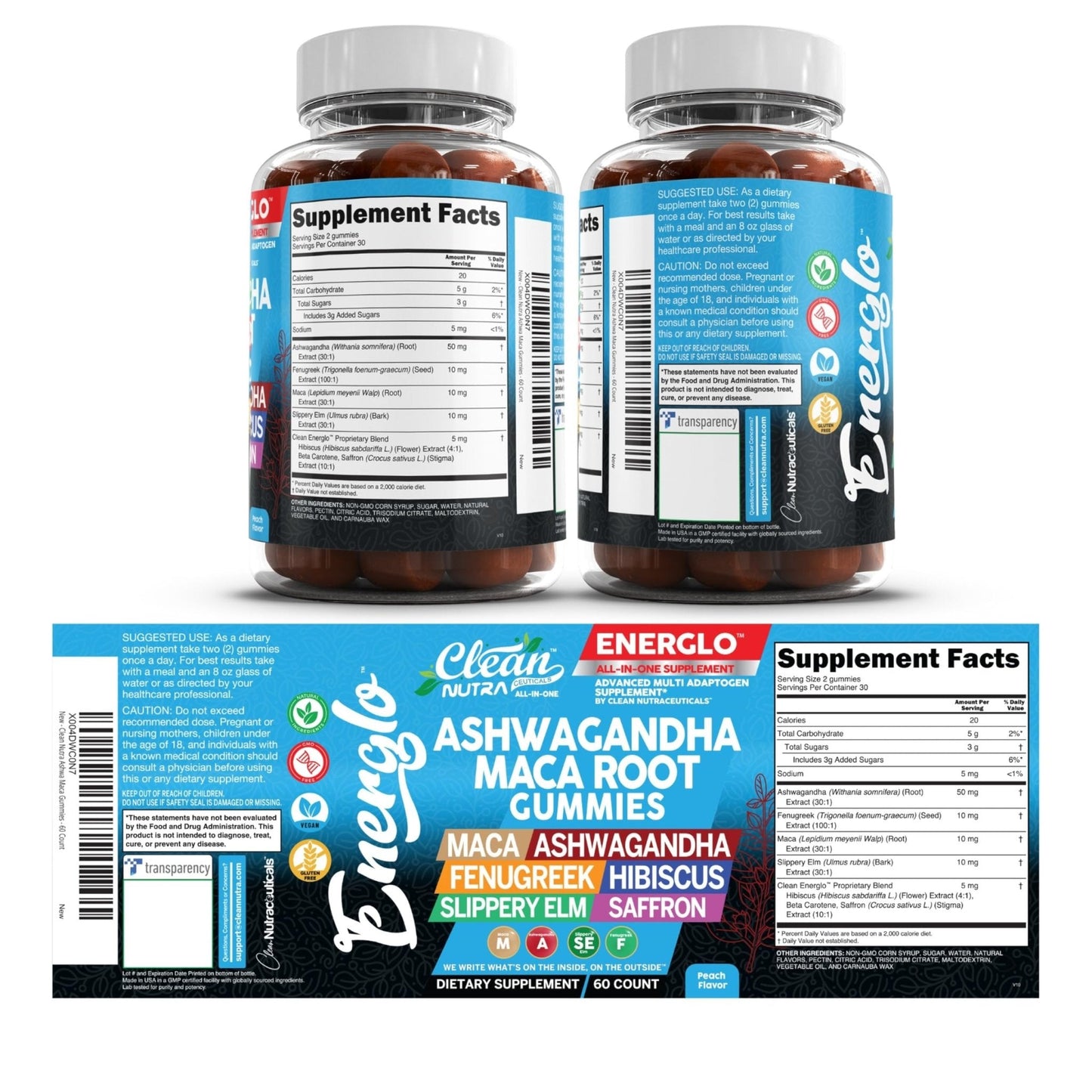 Ashwagandha Maca Root Gummies with Fenugreek Hibiscus Slippery Elm Saffron Extract & Beta Carotene | Peach Flavor Vegan Gummy Vitamins Adaptogen Cortisol Supplement Energlo by Clean Nutra - Maple Wellness Supplements