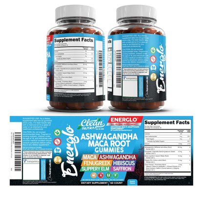 Ashwagandha Maca Root Gummies with Fenugreek Hibiscus Slippery Elm Saffron Extract & Beta Carotene | Peach Flavor Vegan Gummy Vitamins Adaptogen Cortisol Supplement Energlo by Clean Nutra - Maple Wellness Supplements