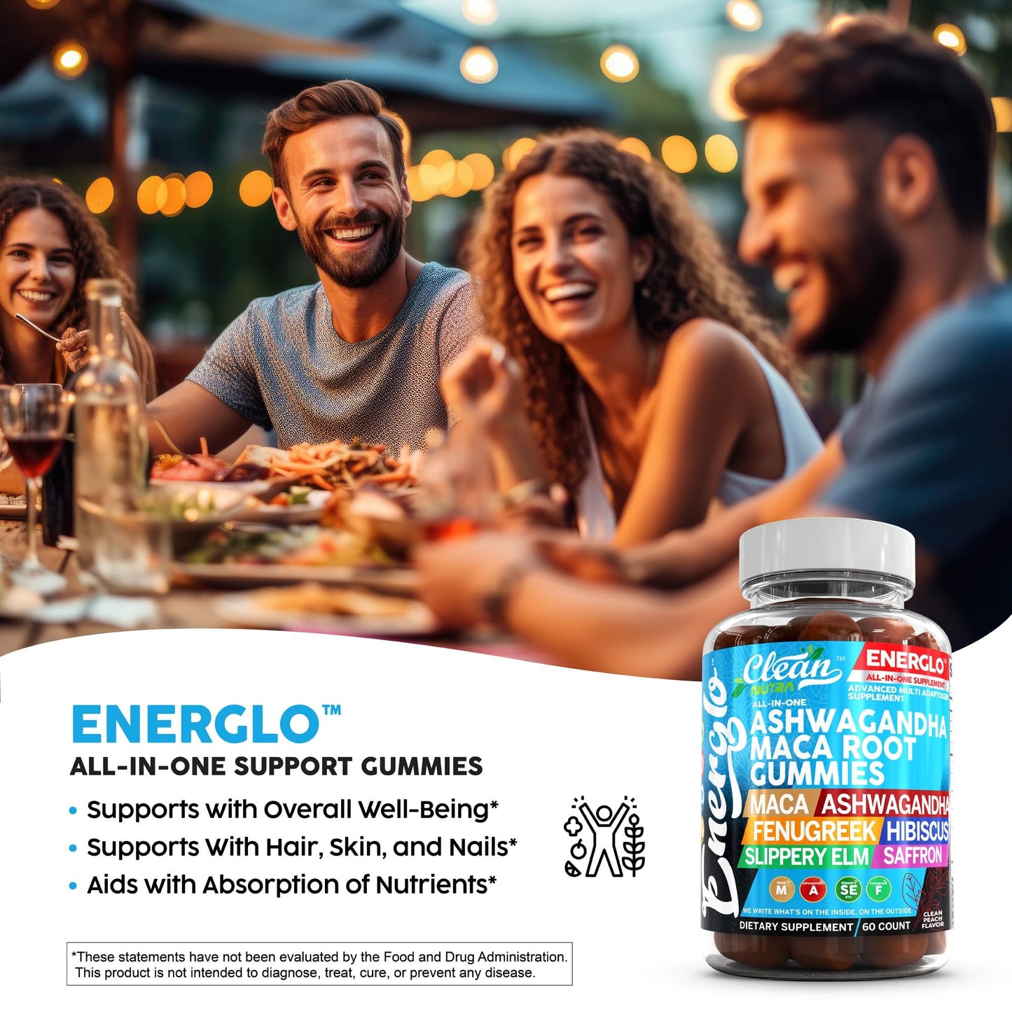 Ashwagandha Maca Root Gummies with Fenugreek Hibiscus Slippery Elm Saffron Extract & Beta Carotene | Peach Flavor Vegan Gummy Vitamins Adaptogen Cortisol Supplement Energlo by Clean Nutra - Maple Wellness Supplements