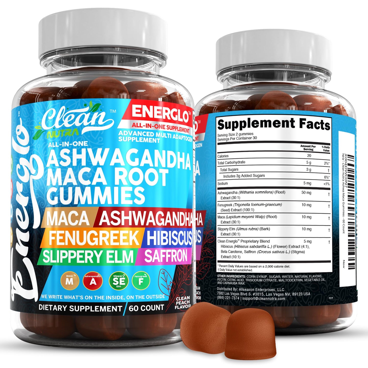 Ashwagandha Maca Root Gummies with Fenugreek Hibiscus Slippery Elm Saffron Extract & Beta Carotene | Peach Flavor Vegan Gummy Vitamins Adaptogen Cortisol Supplement Energlo by Clean Nutra - Maple Wellness Supplements