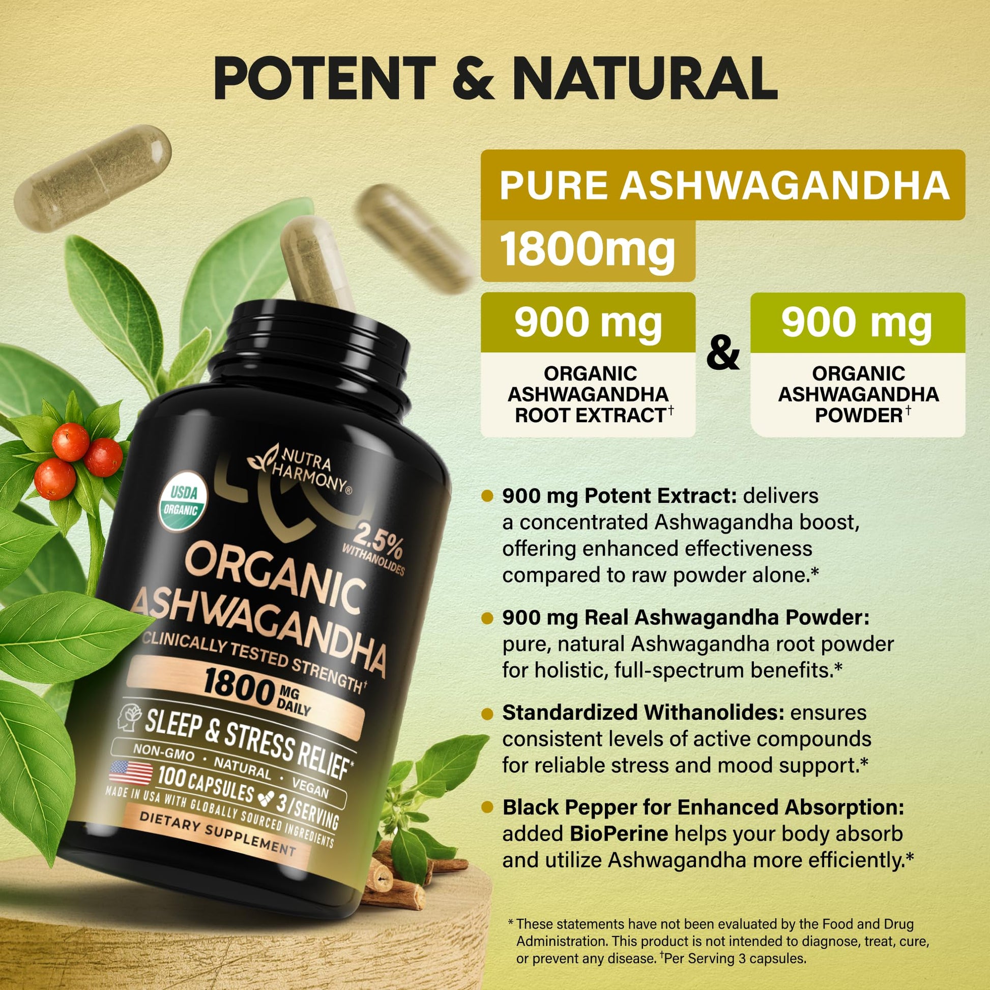 Ashwagandha Supplements 1800mg - USDA Organic Ashwagandha for Women & Men - Clinically Effective Strength for Stress Relief & Sleep - Powder & Root Extract 2.5% Withanolides - Made in USA 100 Capsules - Maple Wellness Supplements
