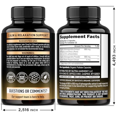 Ashwagandha Supplements 1800mg - USDA Organic Ashwagandha for Women & Men - Clinically Effective Strength for Stress Relief & Sleep - Powder & Root Extract 2.5% Withanolides - Made in USA 100 Capsules - Maple Wellness Supplements