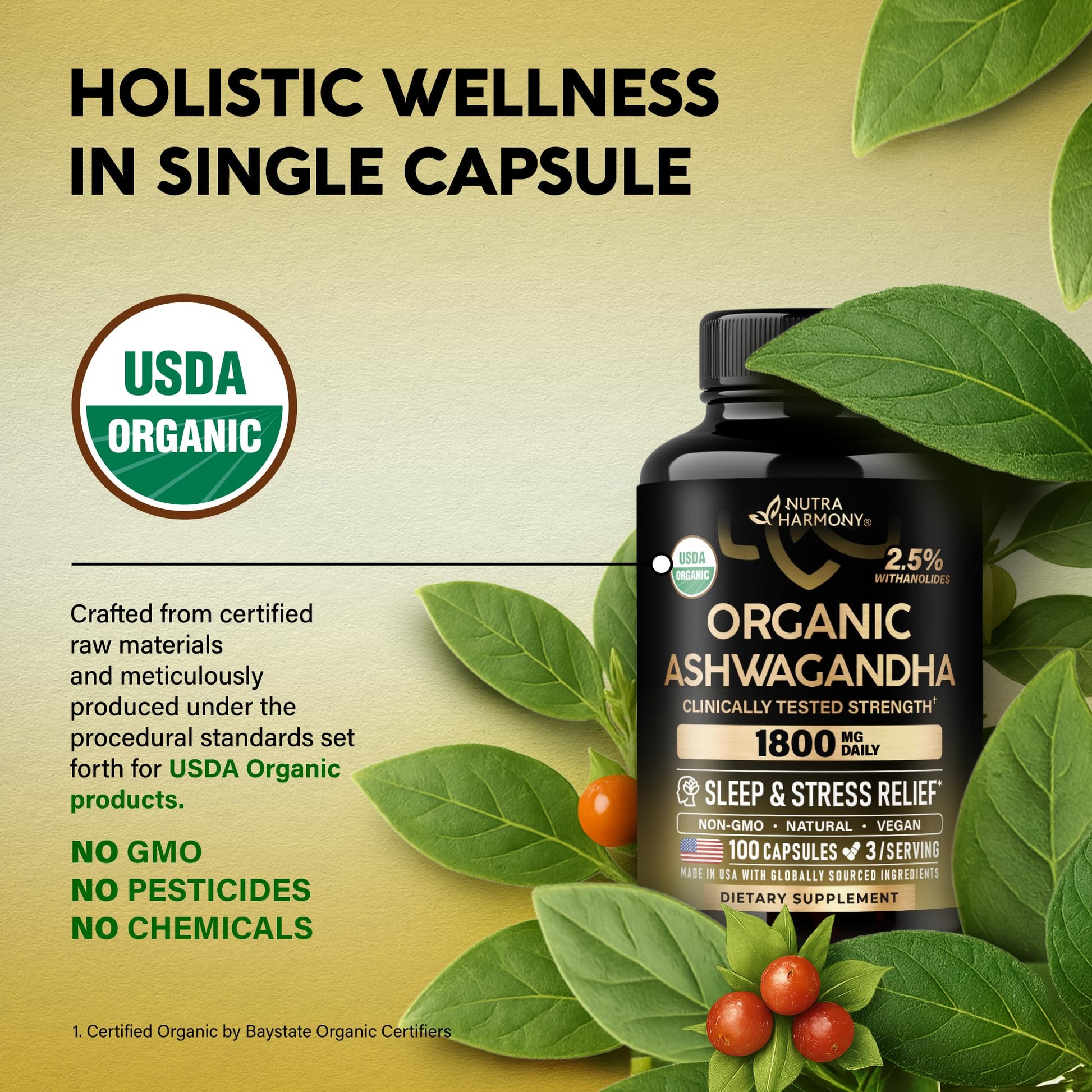 Ashwagandha Supplements 1800mg - USDA Organic Ashwagandha for Women & Men - Clinically Effective Strength for Stress Relief & Sleep - Powder & Root Extract 2.5% Withanolides - Made in USA 100 Capsules - Maple Wellness Supplements