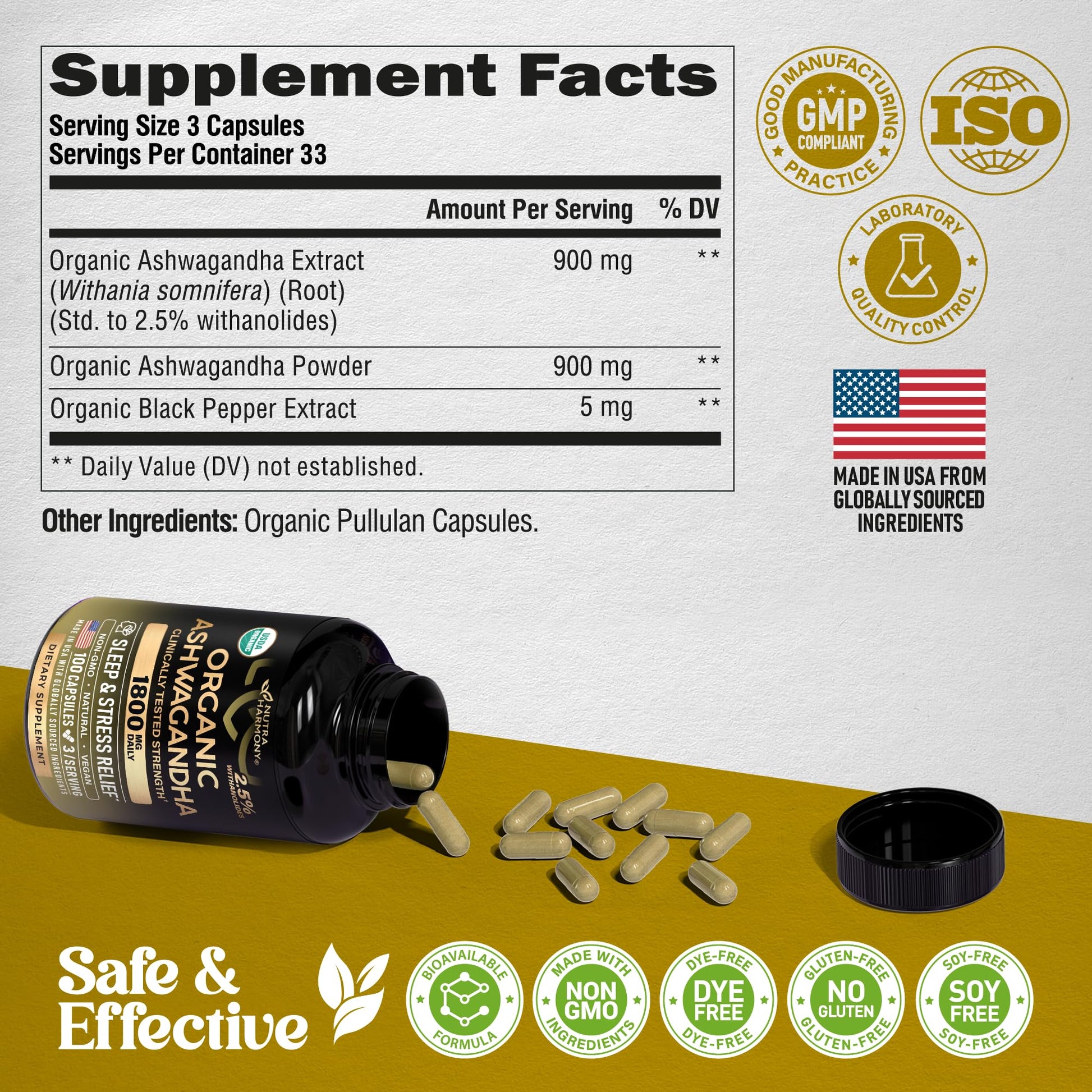 Ashwagandha Supplements 1800mg - USDA Organic Ashwagandha for Women & Men - Clinically Effective Strength for Stress Relief & Sleep - Powder & Root Extract 2.5% Withanolides - Made in USA 100 Capsules - Maple Wellness Supplements