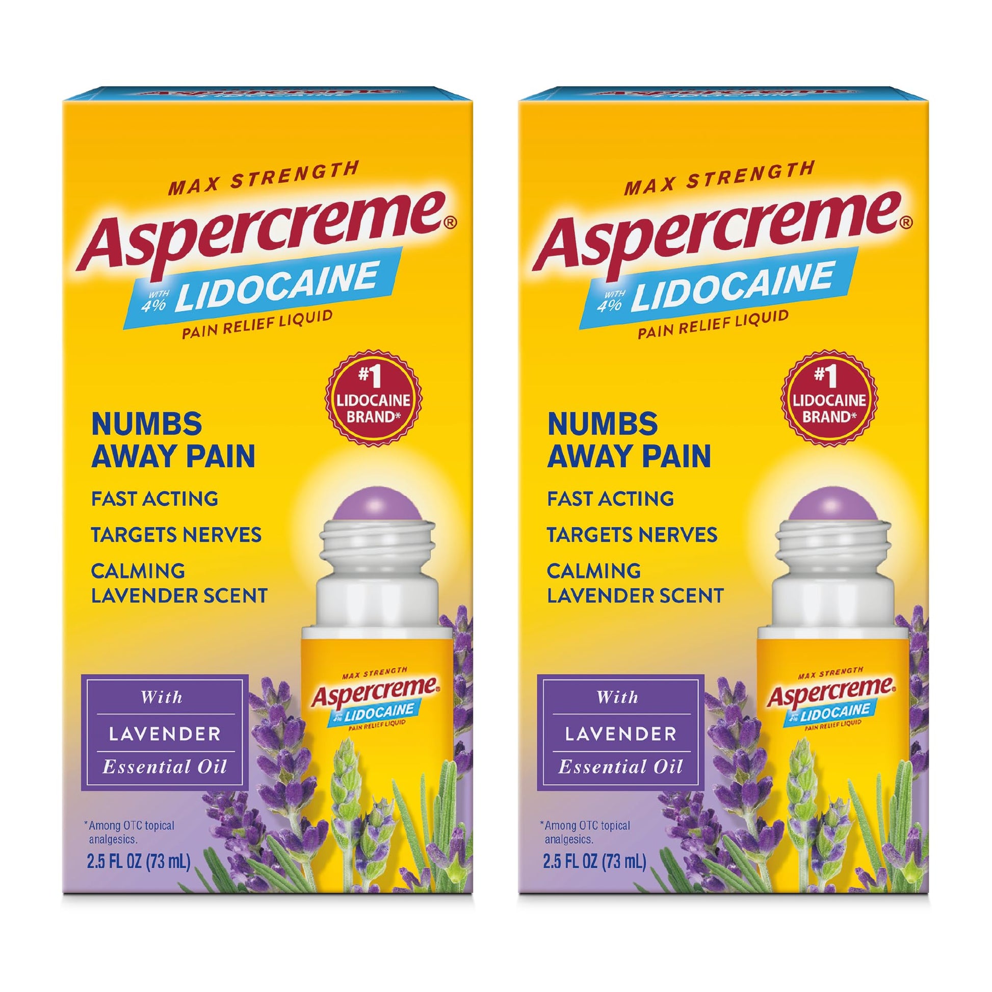 Aspercreme Essential Oils Lidocaine Pain Relief with No-Mess Roll-On Applicator, Max-Strength Lidocaine Numbs Away Nerve Pain, Moisturizing Aloe Hydrates Skin, Lavender, 2.5 Oz., 2pk - Maple Wellness Supplements
