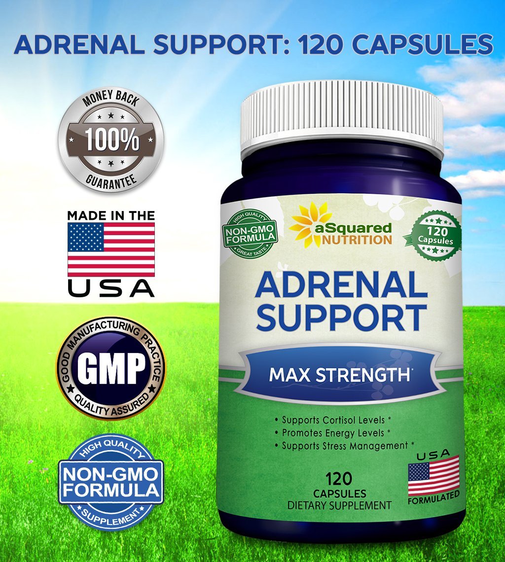 aSquared Nutrition Adrenal Support & Cortisol Manager Supplement (120 Capsules)-Adrenal Health w/Vitamin C Complex Pills to Support Fatigue & Stress Relief-Ashwagandha, L-Tyrosine, Rhodiola & Ginseng - Maple Wellness Supplements