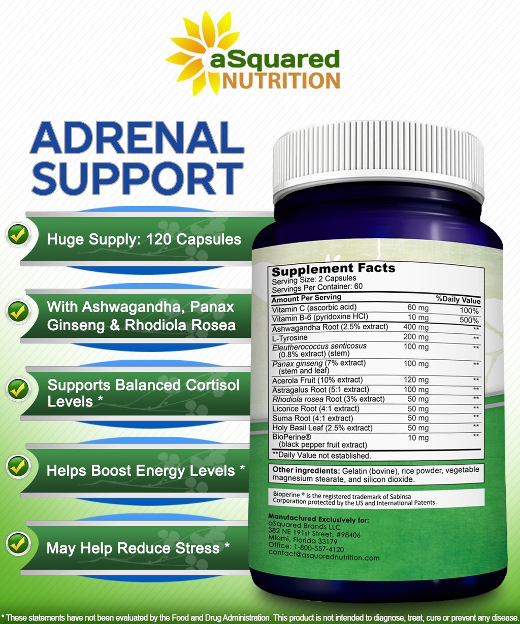 aSquared Nutrition Adrenal Support & Cortisol Manager Supplement (120 Capsules)-Adrenal Health w/Vitamin C Complex Pills to Support Fatigue & Stress Relief-Ashwagandha, L-Tyrosine, Rhodiola & Ginseng - Maple Wellness Supplements