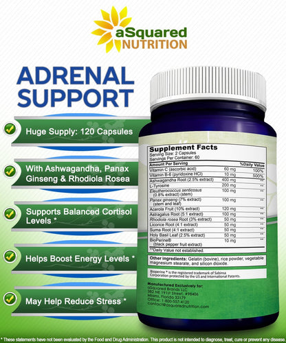 aSquared Nutrition Adrenal Support & Cortisol Manager Supplement (120 Capsules)-Adrenal Health w/Vitamin C Complex Pills to Support Fatigue & Stress Relief-Ashwagandha, L-Tyrosine, Rhodiola & Ginseng - Maple Wellness Supplements