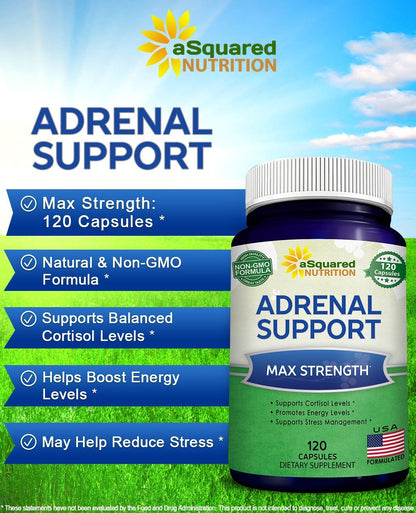 aSquared Nutrition Adrenal Support & Cortisol Manager Supplement (120 Capsules)-Adrenal Health w/Vitamin C Complex Pills to Support Fatigue & Stress Relief-Ashwagandha, L-Tyrosine, Rhodiola & Ginseng - Maple Wellness Supplements