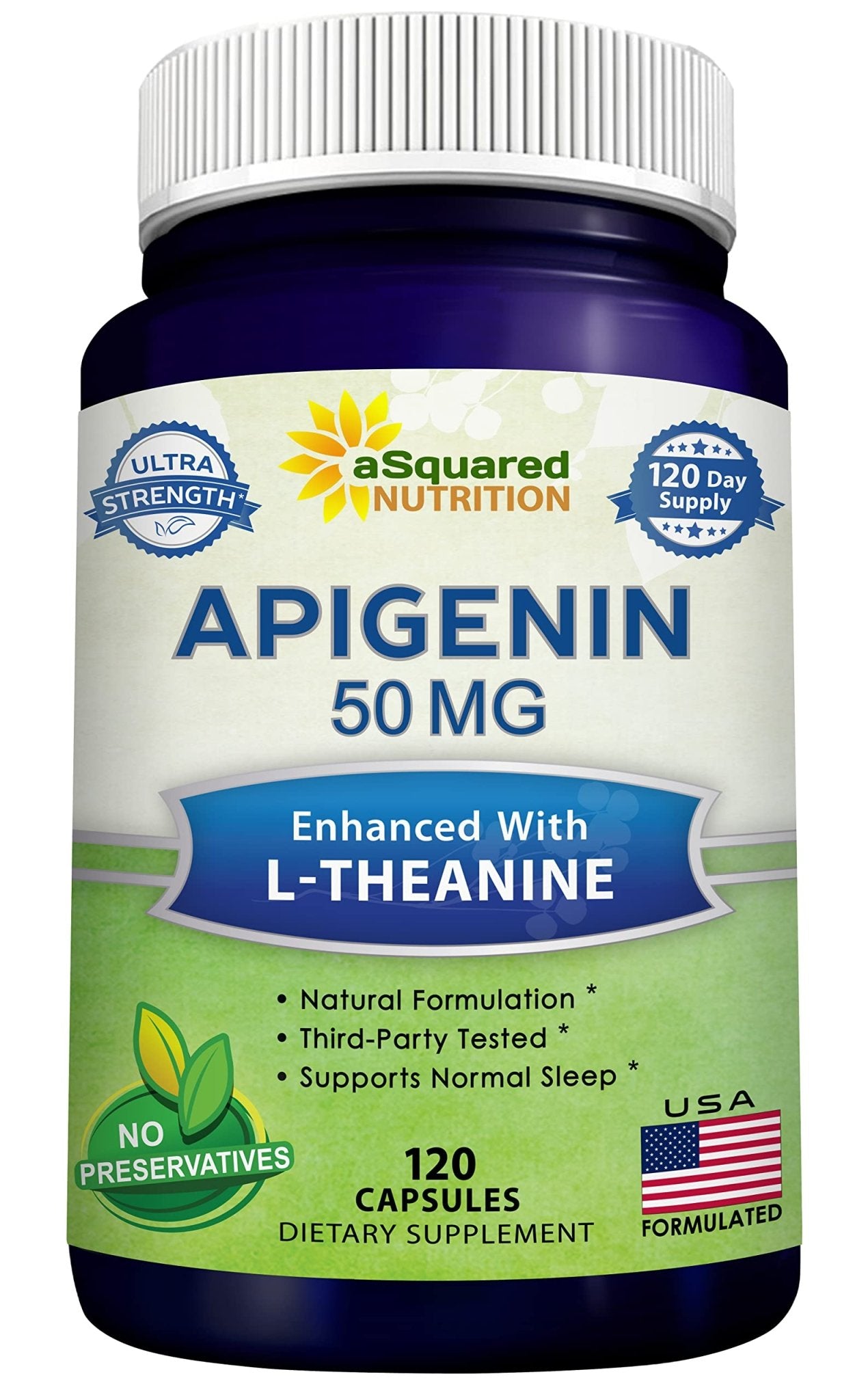 aSquared Nutrition Apigenin 50mg & L-Theanine 200mg - 120 Capsules - Apigenin Supplement Pills for Sleep and Relaxation - Maple Wellness Supplements