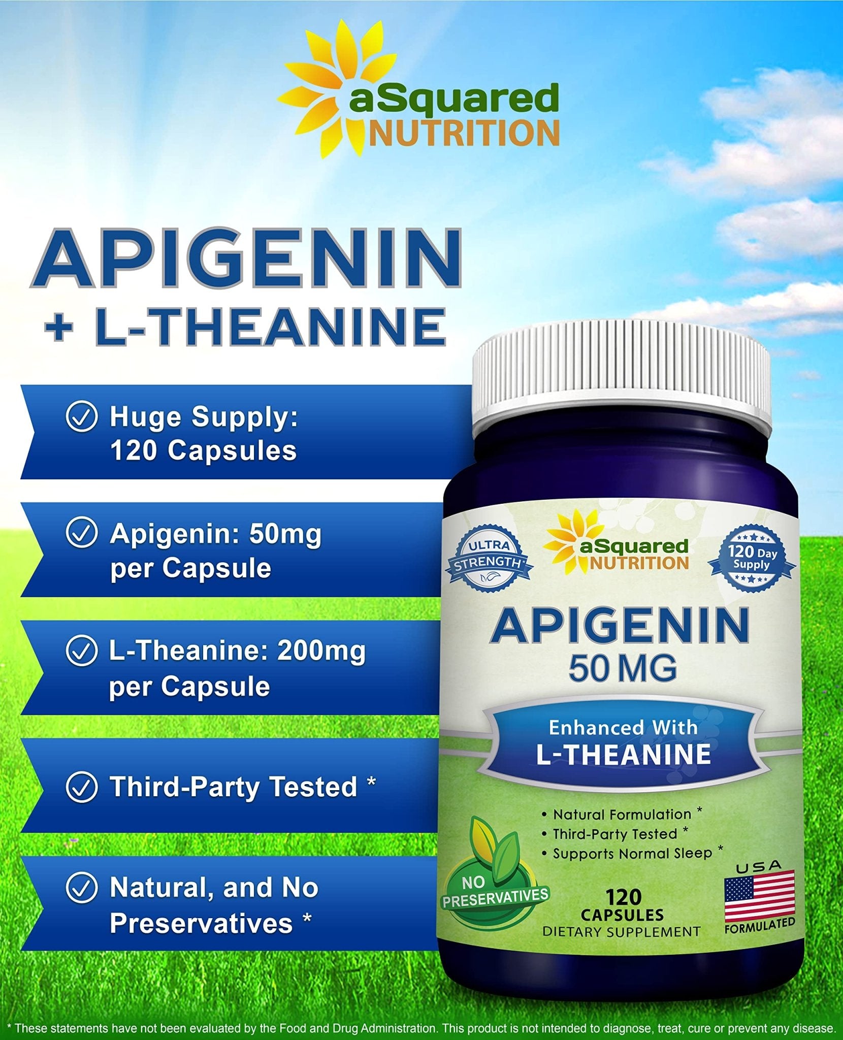 aSquared Nutrition Apigenin 50mg & L-Theanine 200mg - 120 Capsules - Apigenin Supplement Pills for Sleep and Relaxation - Maple Wellness Supplements