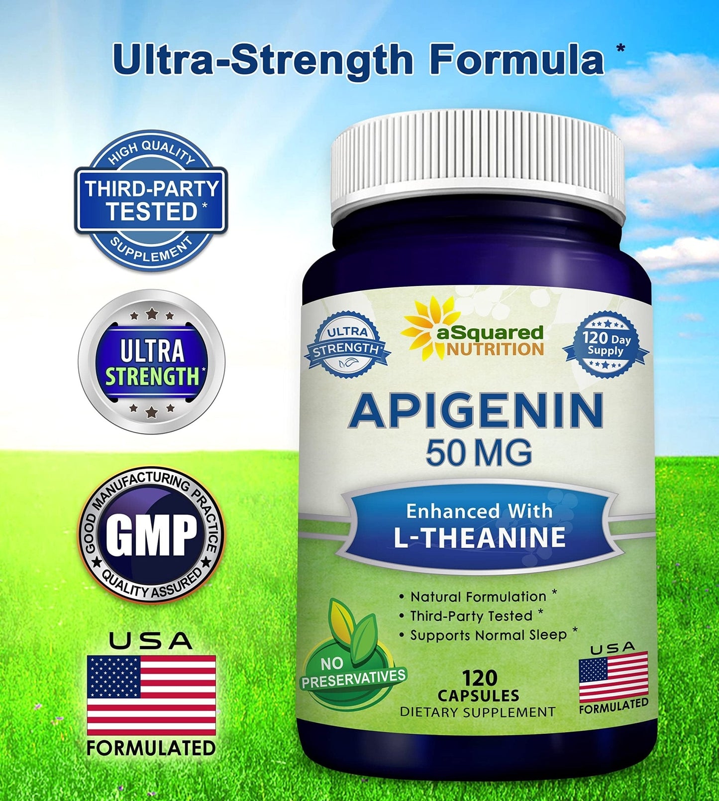 aSquared Nutrition Apigenin 50mg & L-Theanine 200mg - 120 Capsules - Apigenin Supplement Pills for Sleep and Relaxation - Maple Wellness Supplements