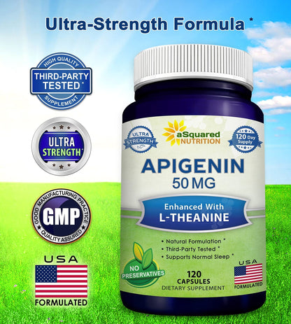 aSquared Nutrition Apigenin 50mg & L-Theanine 200mg - 120 Capsules - Apigenin Supplement Pills for Sleep and Relaxation - Maple Wellness Supplements