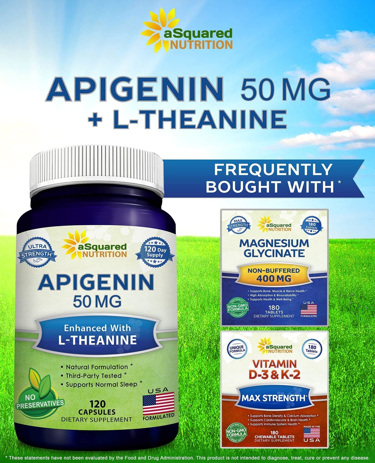 aSquared Nutrition Apigenin 50mg & L-Theanine 200mg - 120 Capsules - Apigenin Supplement Pills for Sleep and Relaxation - Maple Wellness Supplements