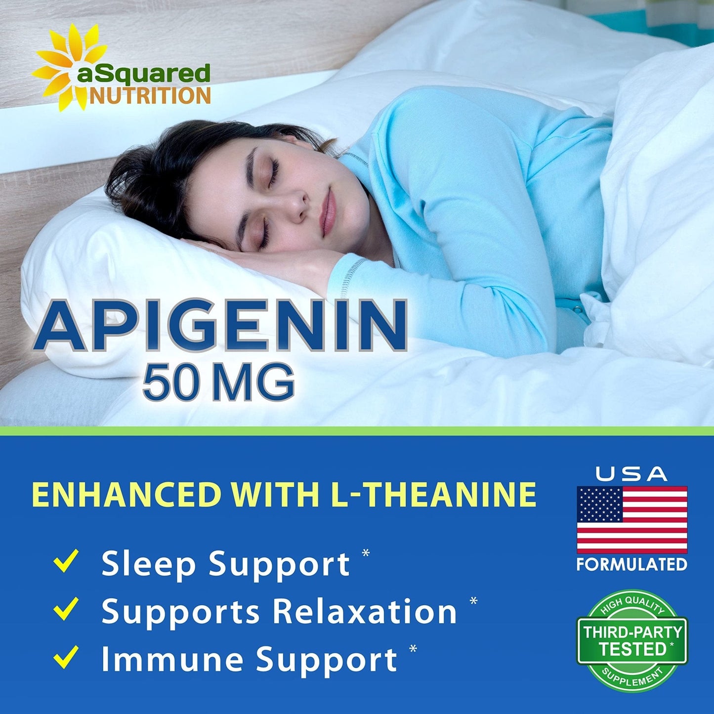 aSquared Nutrition Apigenin 50mg & L-Theanine 200mg - 120 Capsules - Apigenin Supplement Pills for Sleep and Relaxation - Maple Wellness Supplements