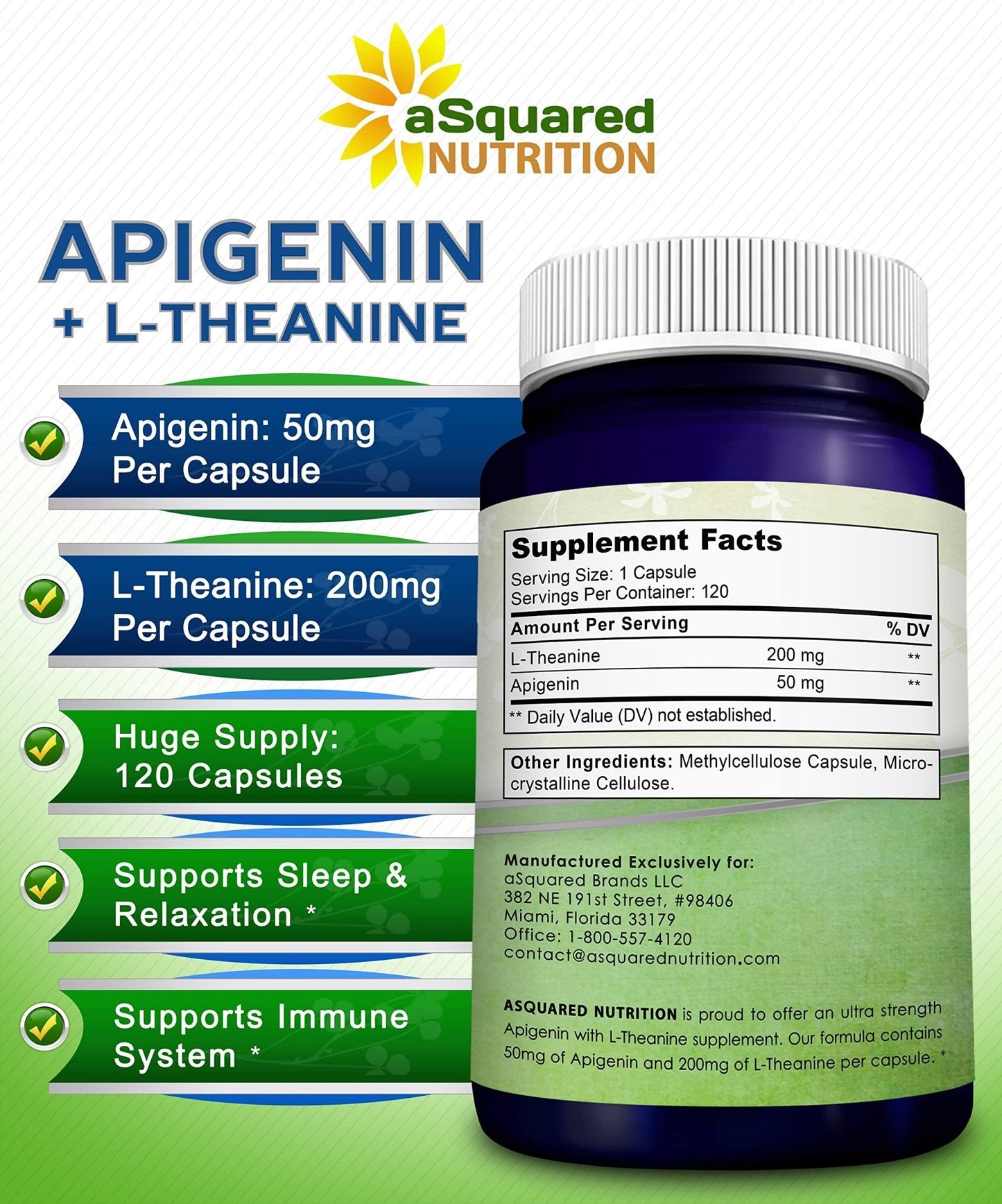 aSquared Nutrition Apigenin 50mg & L-Theanine 200mg - 120 Capsules - Apigenin Supplement Pills for Sleep and Relaxation - Maple Wellness Supplements