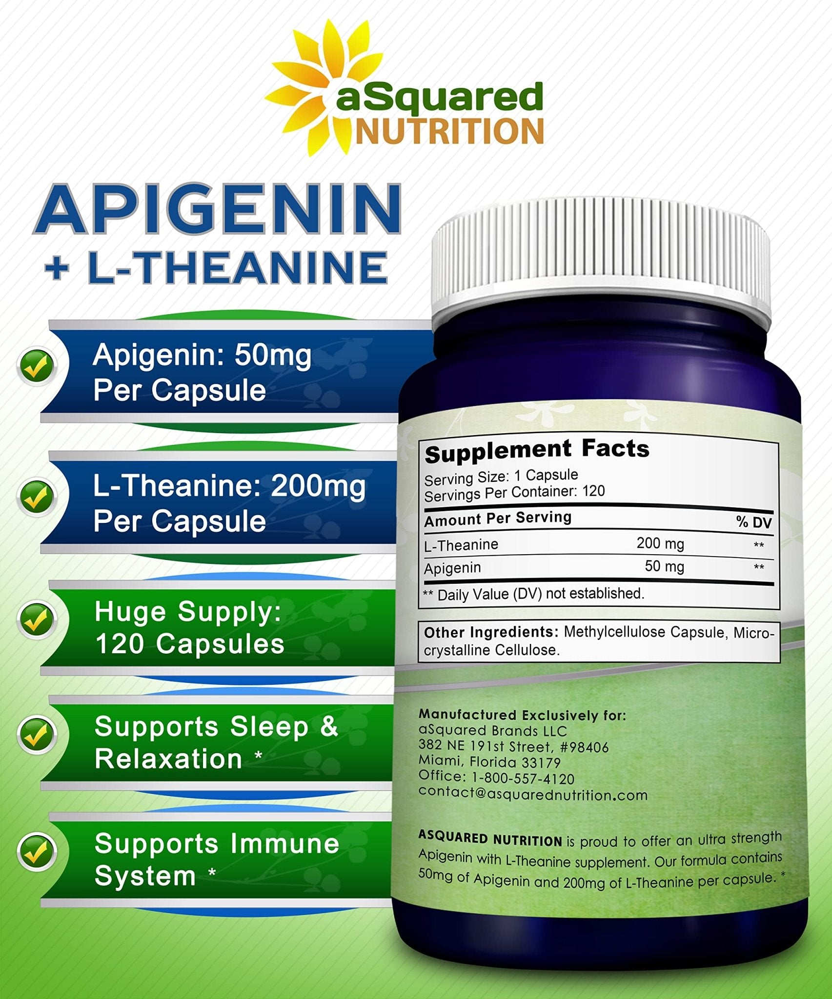 aSquared Nutrition Apigenin 50mg & L-Theanine 200mg - 120 Capsules - Apigenin Supplement Pills for Sleep and Relaxation - Maple Wellness Supplements