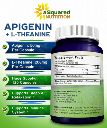 aSquared Nutrition Apigenin 50mg & L-Theanine 200mg - 120 Capsules - Apigenin Supplement Pills for Sleep and Relaxation - Maple Wellness Supplements