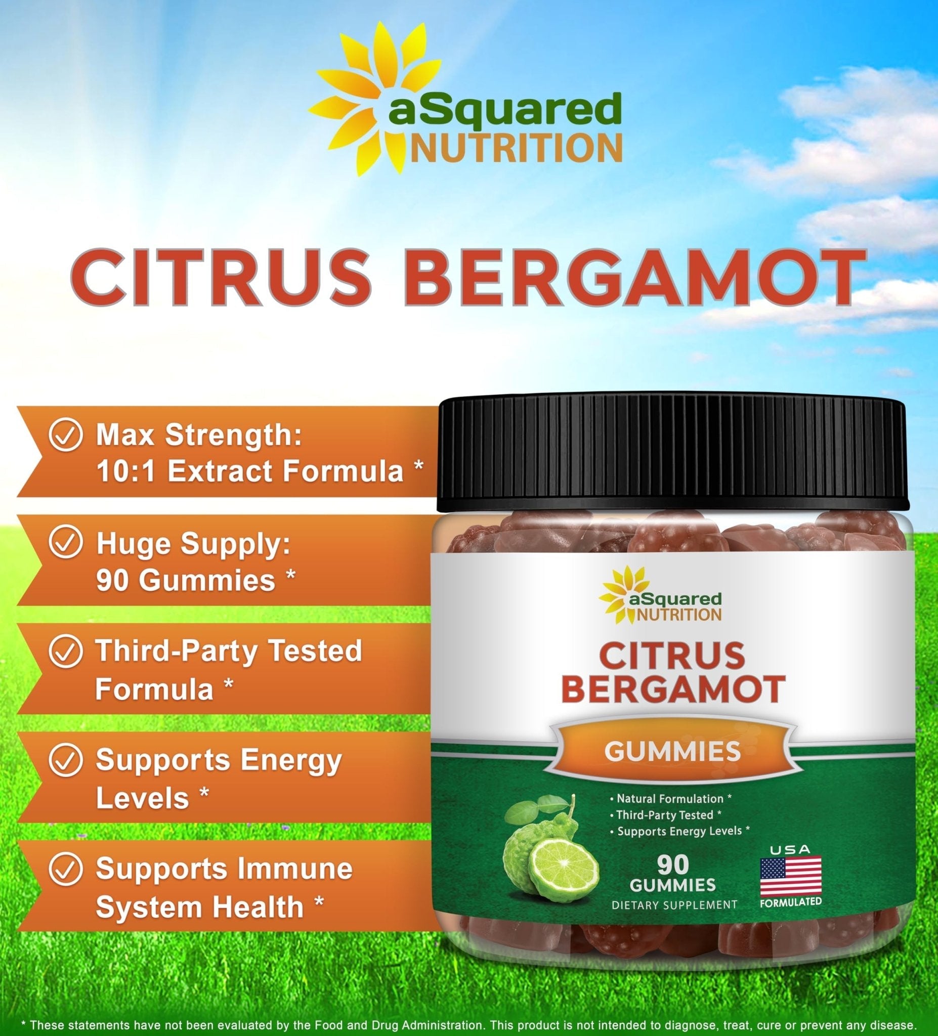 aSquared Nutrition Citrus Bergamot Gummies - Citrus Bergamot Extract Supplement 500mg Per Serving - Pure Gummy Alternative to Capsules & Pills - Maple Wellness Supplements