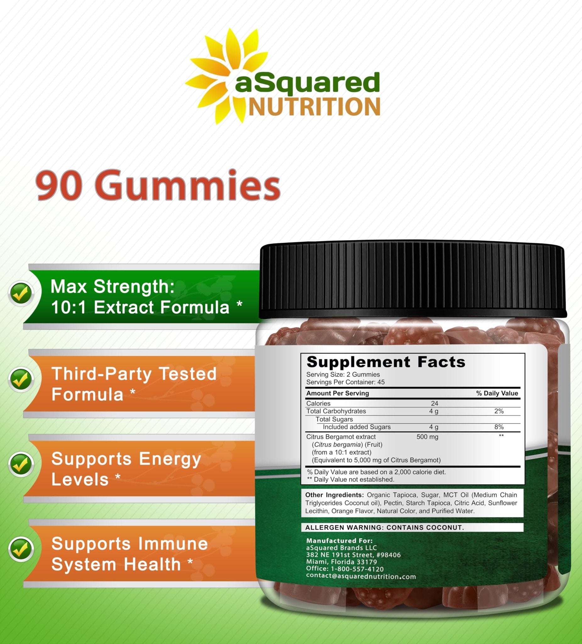 aSquared Nutrition Citrus Bergamot Gummies - Citrus Bergamot Extract Supplement 500mg Per Serving - Pure Gummy Alternative to Capsules & Pills - Maple Wellness Supplements