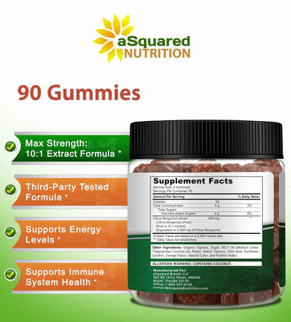 aSquared Nutrition Citrus Bergamot Gummies - Citrus Bergamot Extract Supplement 500mg Per Serving - Pure Gummy Alternative to Capsules & Pills - Maple Wellness Supplements