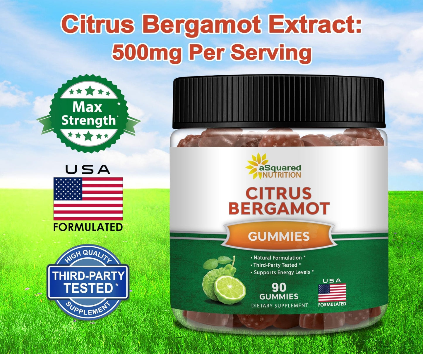 aSquared Nutrition Citrus Bergamot Gummies - Citrus Bergamot Extract Supplement 500mg Per Serving - Pure Gummy Alternative to Capsules & Pills - Maple Wellness Supplements