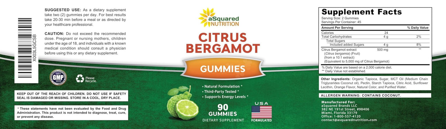 aSquared Nutrition Citrus Bergamot Gummies - Citrus Bergamot Extract Supplement 500mg Per Serving - Pure Gummy Alternative to Capsules & Pills - Maple Wellness Supplements