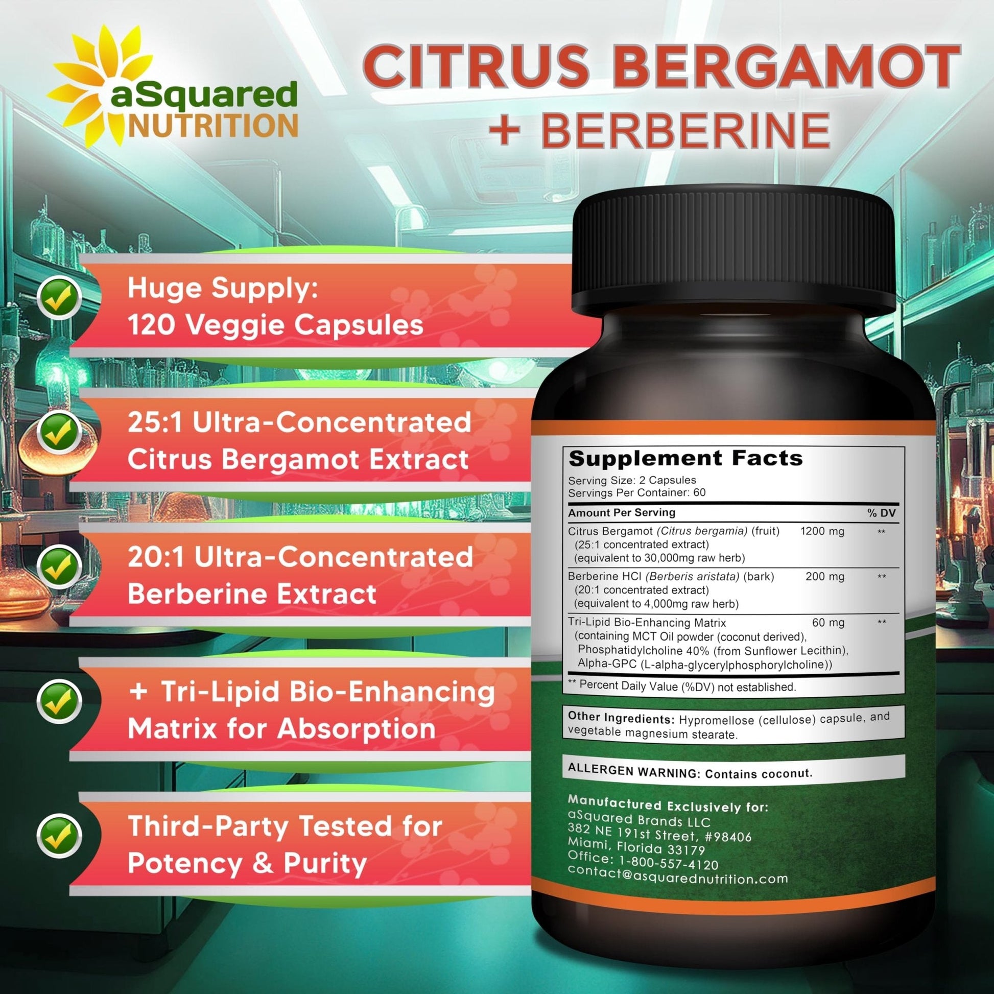 aSquared Nutrition Citrus Bergamot with Berberine Supplement - 1400mg Per Serving Max Strength Complex - 120 Capsules - Supports Cardiovascular Health - Maple Wellness Supplements
