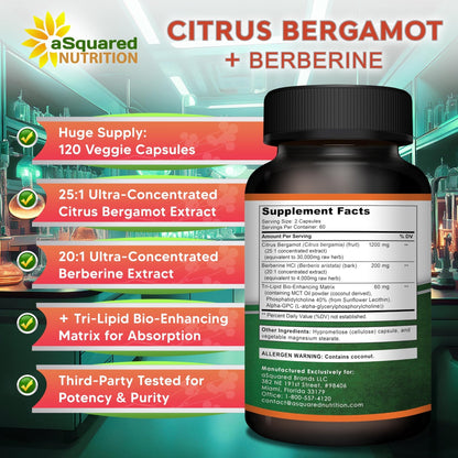 aSquared Nutrition Citrus Bergamot with Berberine Supplement - 1400mg Per Serving Max Strength Complex - 120 Capsules - Supports Cardiovascular Health - Maple Wellness Supplements