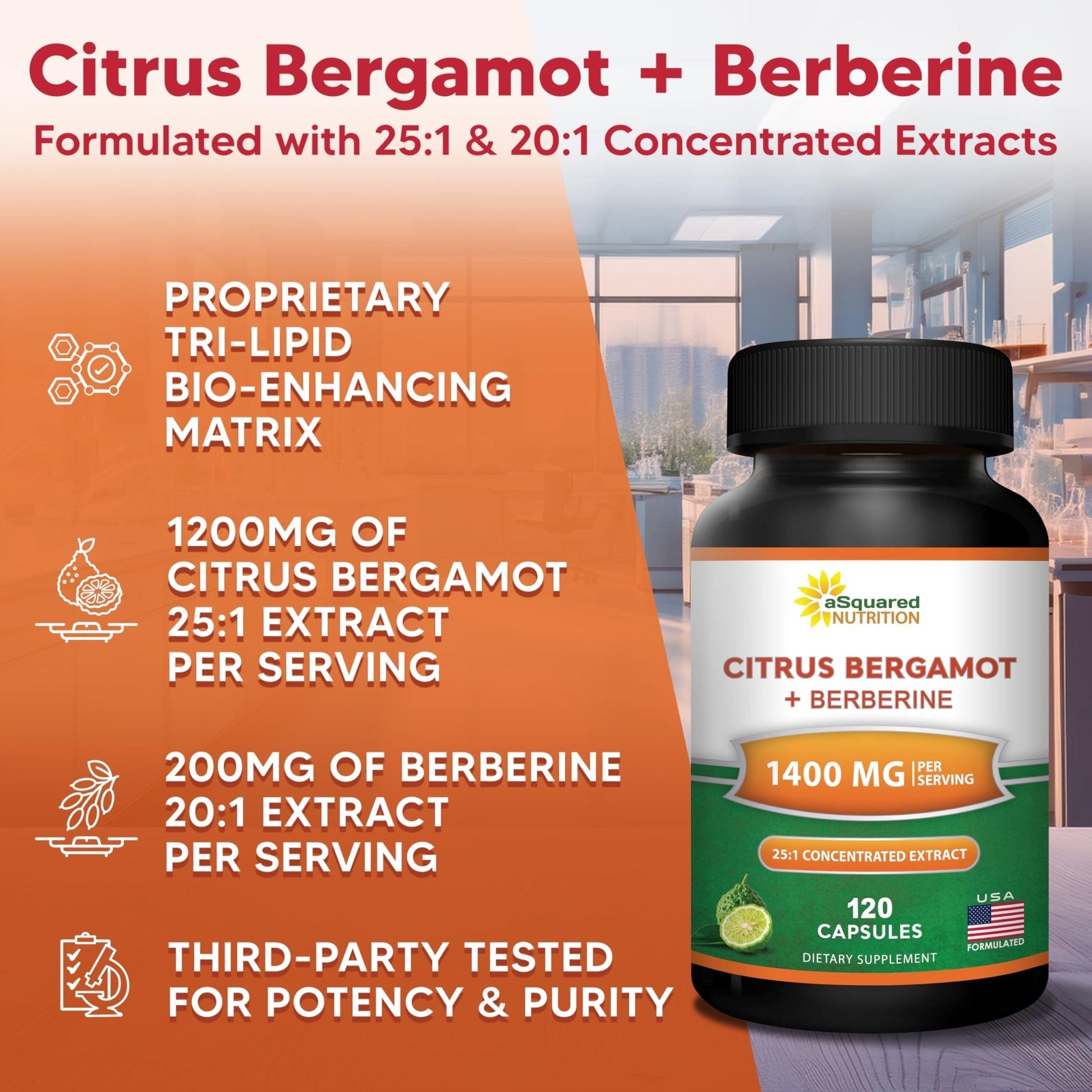 aSquared Nutrition Citrus Bergamot with Berberine Supplement - 1400mg Per Serving Max Strength Complex - 120 Capsules - Supports Cardiovascular Health - Maple Wellness Supplements