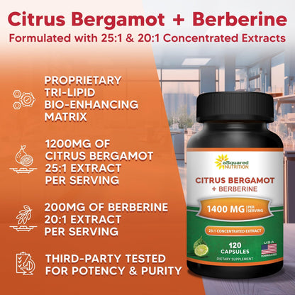 aSquared Nutrition Citrus Bergamot with Berberine Supplement - 1400mg Per Serving Max Strength Complex - 120 Capsules - Supports Cardiovascular Health - Maple Wellness Supplements