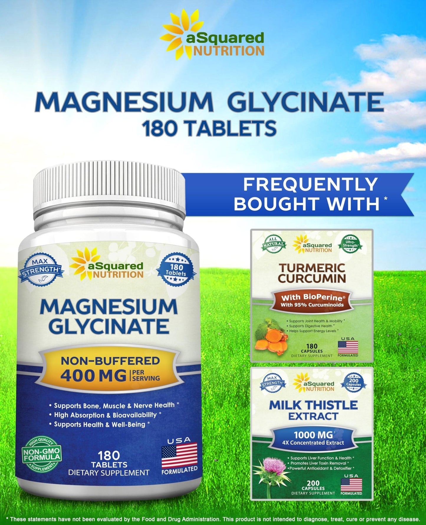 aSquared Nutrition Magnesium Glycinate 400mg - 180 Tablets - Max Strength Magnesium Bisglycinate Supplement -Maximum Bioavailability & Absorption-Non-GMO - Maple Wellness Supplements