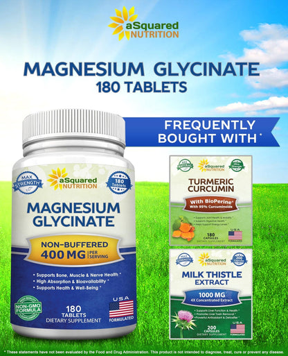 aSquared Nutrition Magnesium Glycinate 400mg - 180 Tablets - Max Strength Magnesium Bisglycinate Supplement -Maximum Bioavailability & Absorption-Non-GMO - Maple Wellness Supplements