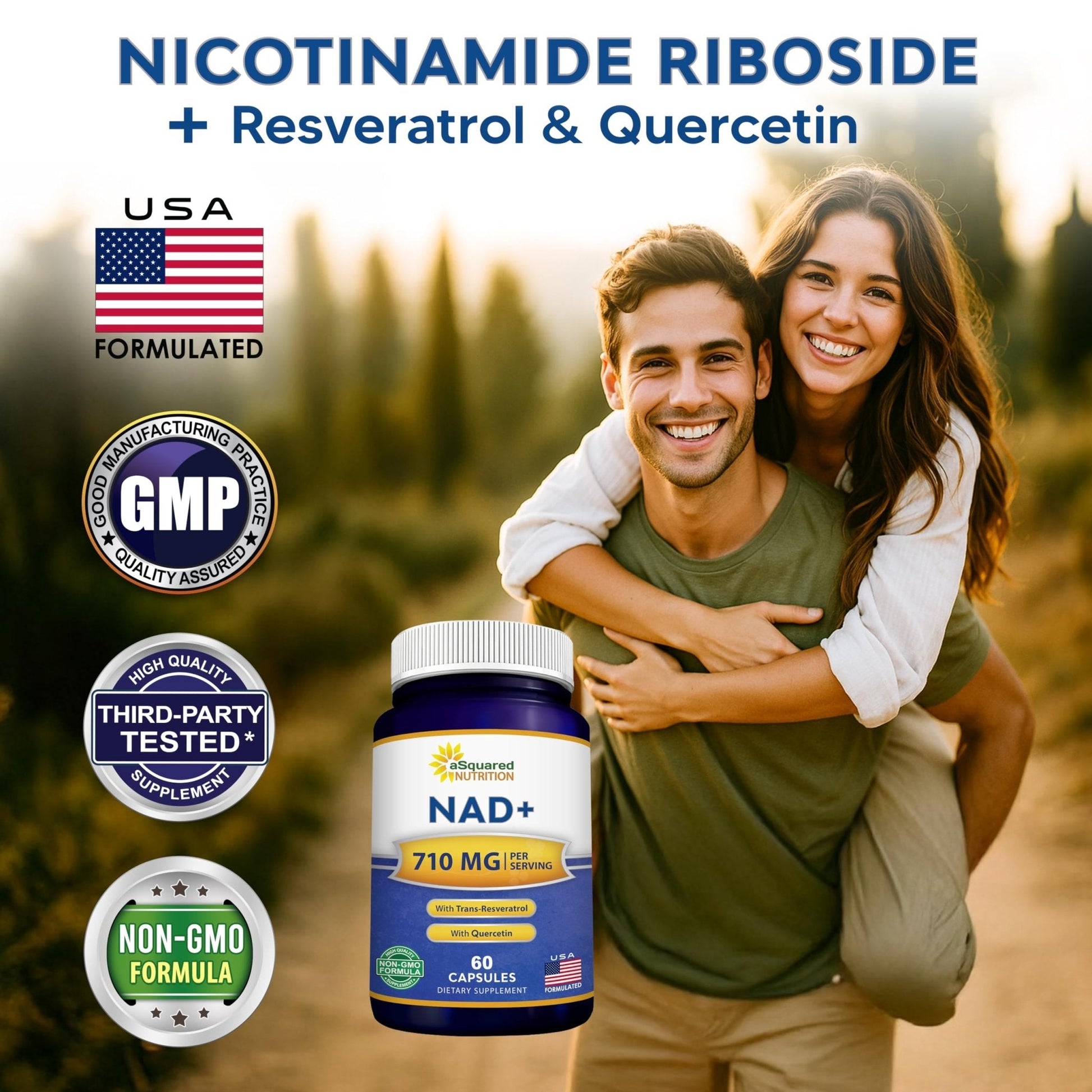 aSquared Nutrition NAD Resveratrol Supplement - NAD+ Nicotinamide Riboside 500mg (Vitamin B3) Plus Trans-Resveratrol & Quercetin - NMN Alternative for Men & Women - 60 Capsules - Maple Wellness Supplements