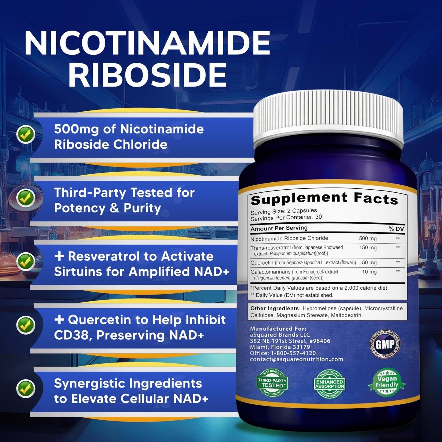aSquared Nutrition NAD Resveratrol Supplement - NAD+ Nicotinamide Riboside 500mg (Vitamin B3) Plus Trans-Resveratrol & Quercetin - NMN Alternative for Men & Women - 60 Capsules - Maple Wellness Supplements