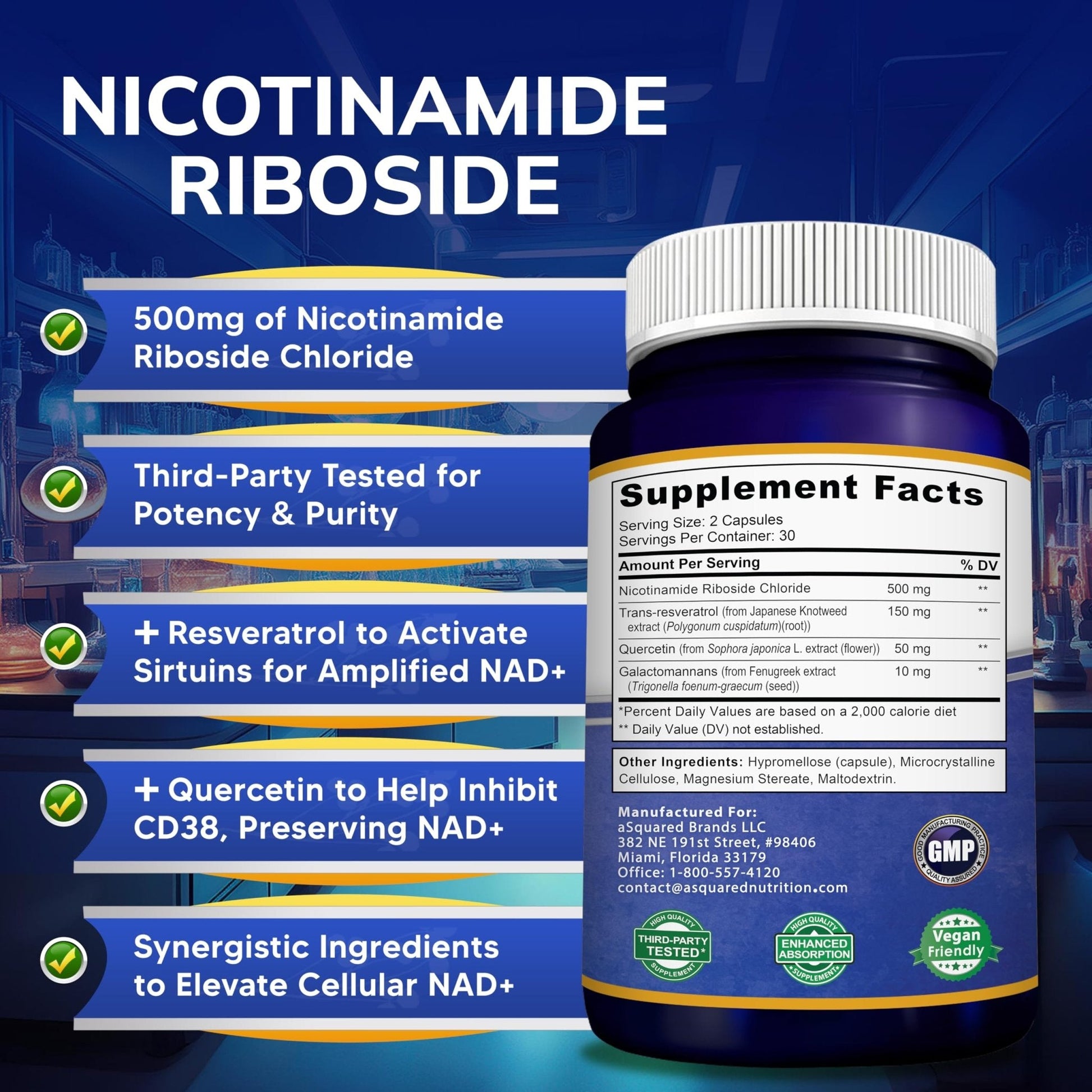aSquared Nutrition NAD Resveratrol Supplement - NAD+ Nicotinamide Riboside 500mg (Vitamin B3) Plus Trans-Resveratrol & Quercetin - NMN Alternative for Men & Women - 60 Capsules - Maple Wellness Supplements