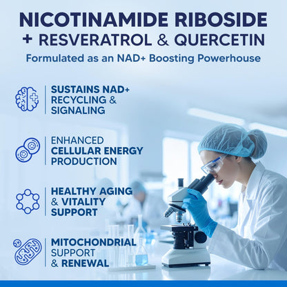 aSquared Nutrition NAD Resveratrol Supplement - NAD+ Nicotinamide Riboside 500mg (Vitamin B3) Plus Trans-Resveratrol & Quercetin - NMN Alternative for Men & Women - 60 Capsules - Maple Wellness Supplements