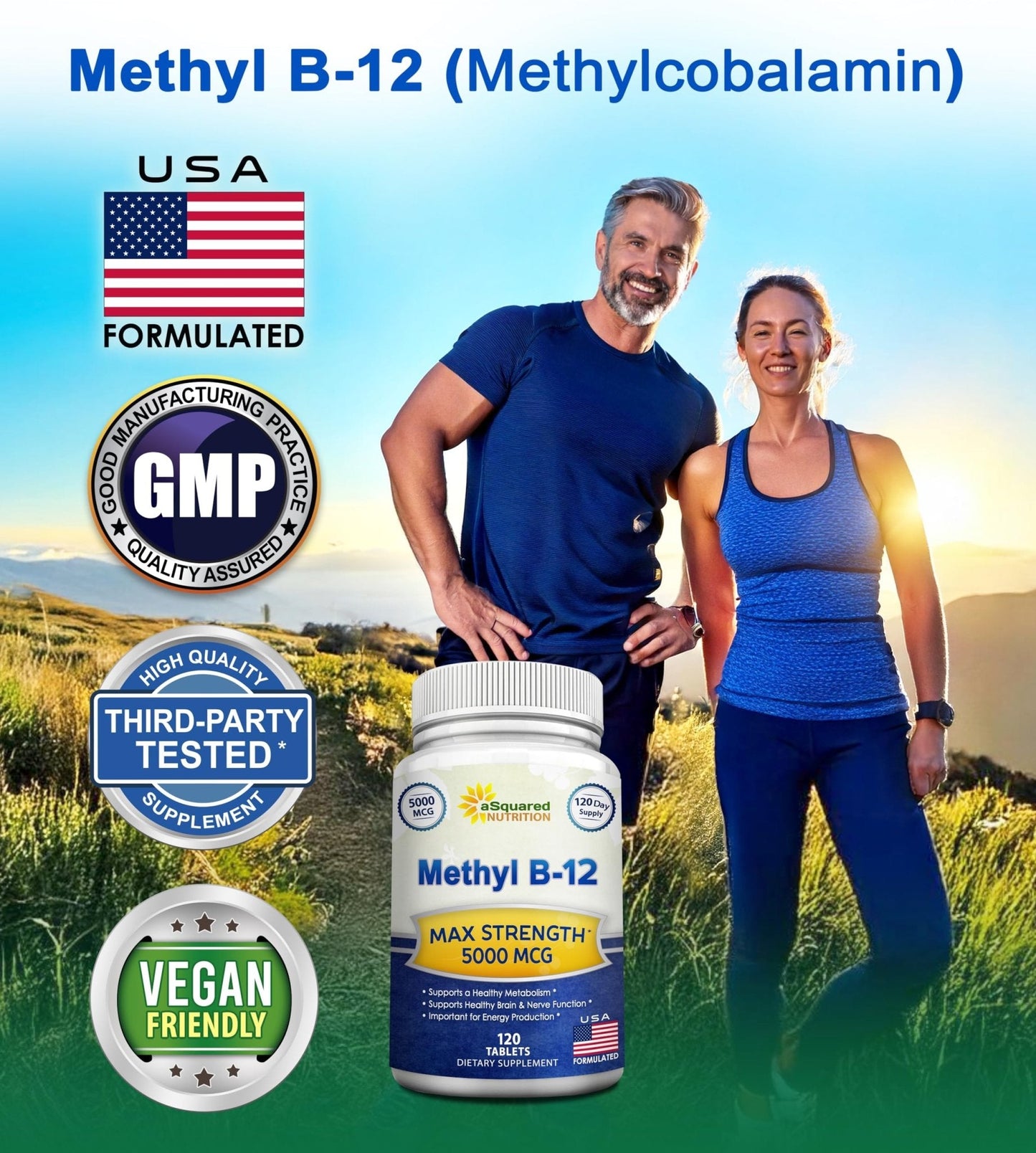 aSquared Nutrition Vitamin B12-5000 MCG Supplement with Methylcobalamin (Methyl B-12) - Max Strength Vitamin B 12 Support to Help Boost Natural Energy, - Maple Wellness Supplements