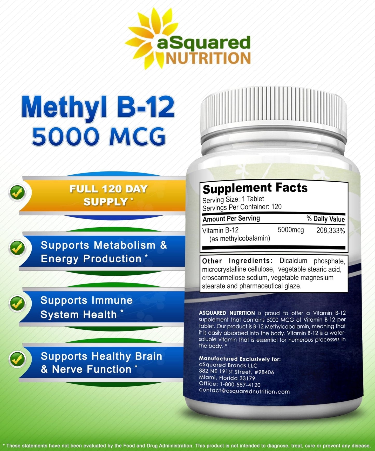 aSquared Nutrition Vitamin B12-5000 MCG Supplement with Methylcobalamin (Methyl B-12) - Max Strength Vitamin B 12 Support to Help Boost Natural Energy, - Maple Wellness Supplements