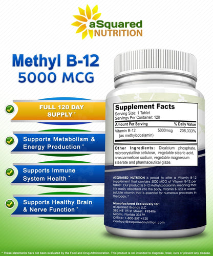 aSquared Nutrition Vitamin B12-5000 MCG Supplement with Methylcobalamin (Methyl B-12) - Max Strength Vitamin B 12 Support to Help Boost Natural Energy, - Maple Wellness Supplements