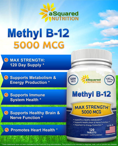 aSquared Nutrition Vitamin B12-5000 MCG Supplement with Methylcobalamin (Methyl B-12) - Max Strength Vitamin B 12 Support to Help Boost Natural Energy, - Maple Wellness Supplements
