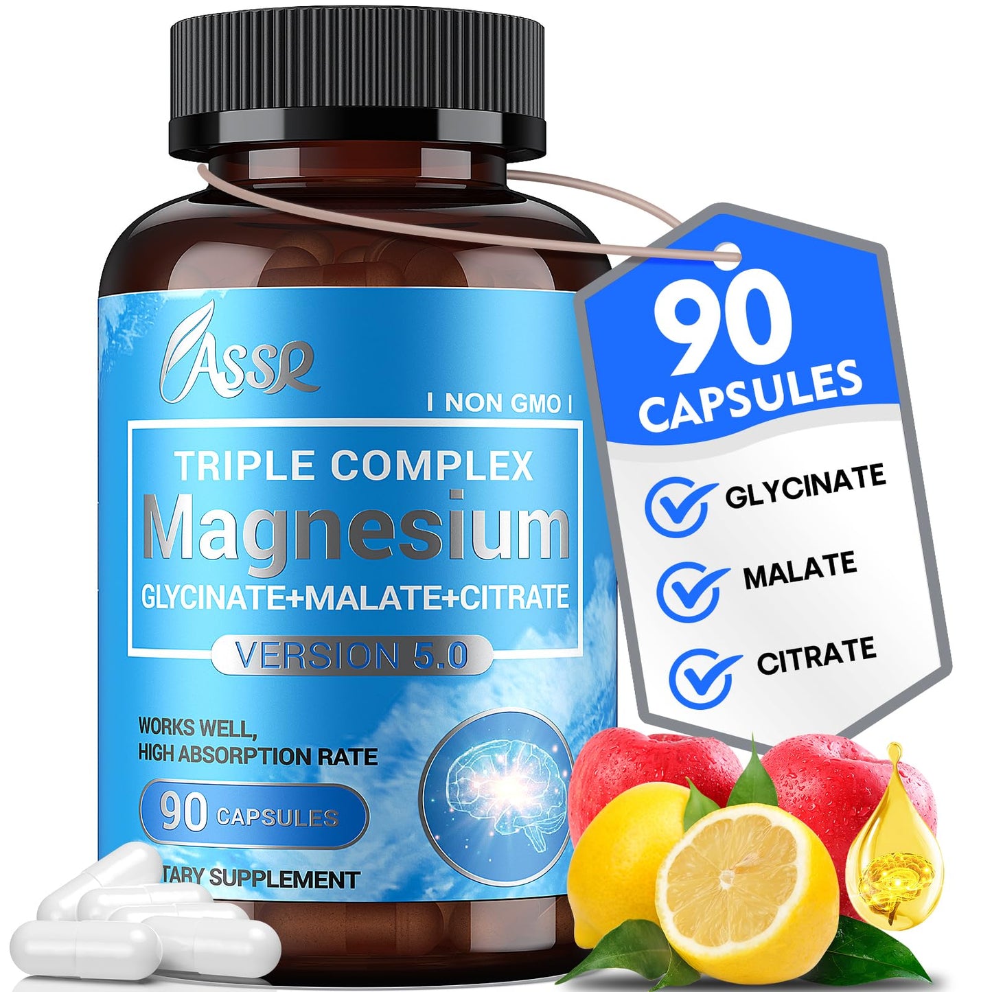 ASSR Triple Magnesium Complex – 300mg Magnesium Supplement with Glycinate, Malate & Citrate – Supports Relaxation, Muscle & Nerve Function – High Absorption, Vegan, Non-GMO, 90 Capsules - Maple Wellness Supplements