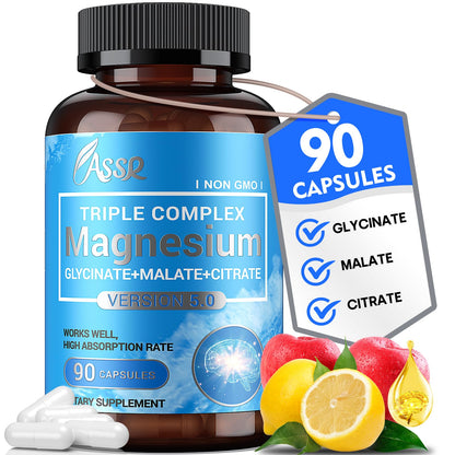 ASSR Triple Magnesium Complex – 300mg Magnesium Supplement with Glycinate, Malate & Citrate – Supports Relaxation, Muscle & Nerve Function – High Absorption, Vegan, Non-GMO, 90 Capsules - Maple Wellness Supplements