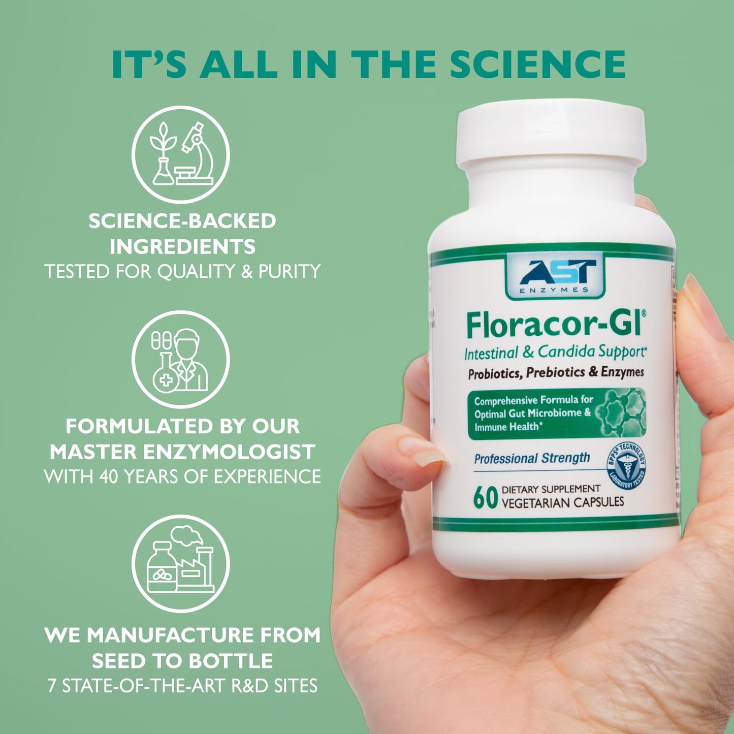 AST Enzymes Floracor - Supports Gut & Intestinal Health - Premium Probiotic, Prebiotic and Enzyme Formula - 60 Vegetarian Capsules - Maple Wellness Supplements
