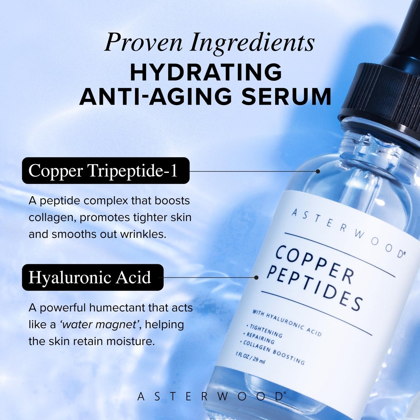 Asterwood Copper Peptides Serum for Face - with GHK-Cu Peptide and Hyaluronic Acid - Anti-Aging Facial Serum - 1 Fl Oz - Maple Wellness Supplements