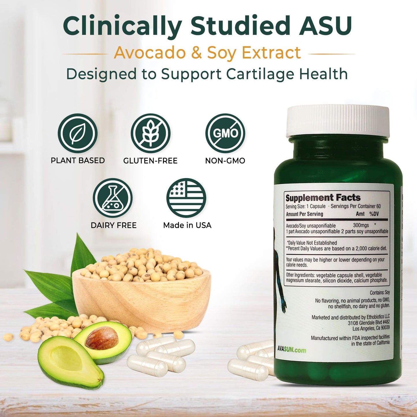 ASU Joint Support Supplement – 300mg Avocado Soy Unsaponifiables for Joint Comfort, Mobility & Cartilage Health, Clinically Studied, Plant-Based, Non-GMO, Gluten-Free, 60 Capsules (6 Month Supply) - Maple Wellness Supplements