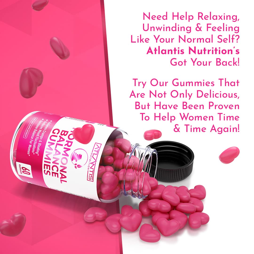Atlantis Nutrition Hormonal Balance for Women & PMS Relief Gummies - Alleviates Cramps, Bloating, Mood Swings, Hot Flashes & Night Sweats - Cranberry, Dong Quai & Chasteberry Menstrual Cramp Relief - Maple Wellness Supplements