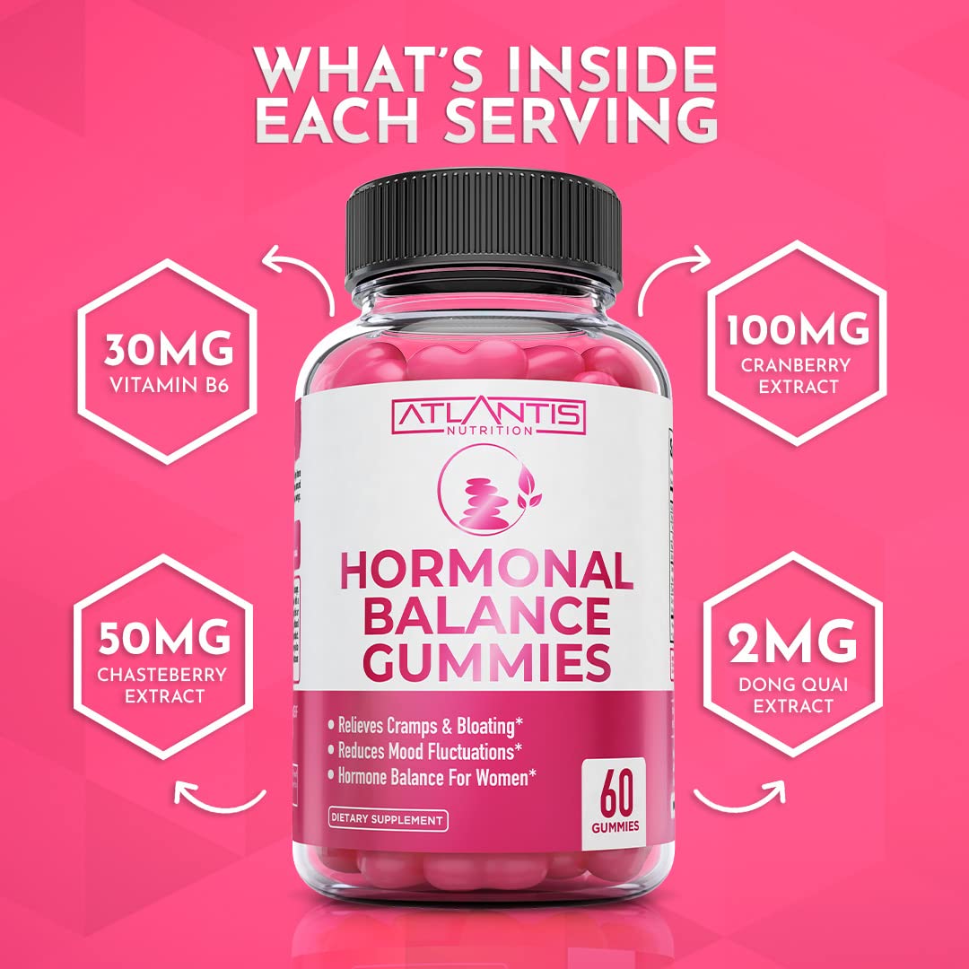 Atlantis Nutrition Hormonal Balance for Women & PMS Relief Gummies - Alleviates Cramps, Bloating, Mood Swings, Hot Flashes & Night Sweats - Cranberry, Dong Quai & Chasteberry Menstrual Cramp Relief - Maple Wellness Supplements