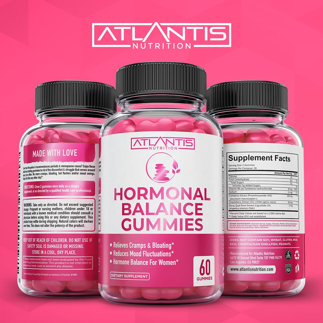 Atlantis Nutrition Hormonal Balance for Women & PMS Relief Gummies - Alleviates Cramps, Bloating, Mood Swings, Hot Flashes & Night Sweats - Cranberry, Dong Quai & Chasteberry Menstrual Cramp Relief - Maple Wellness Supplements